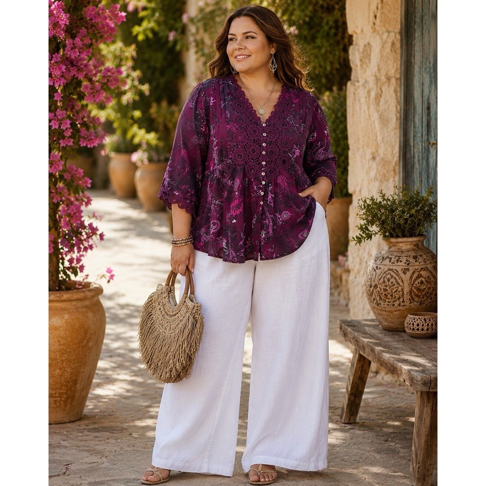 Roaman's 22W Boho Paisley Blouse Purple Crochet Lace Tunic Top Peasant Plus PP24